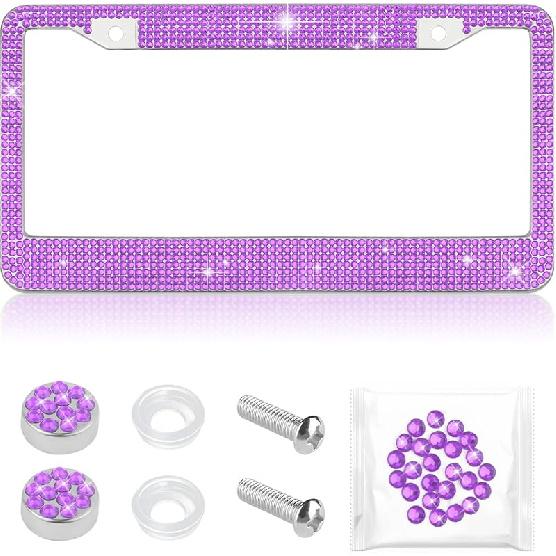 Bling Diamond License Plate Frame,Universal Stainless Steel License Plate Holder Fits U.S. Standard 2 Holes Model,Sparkle License Plate Frames Bling