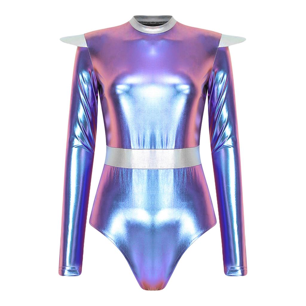 Rollkragen Langarm Metallisch Farbblock Body Unsichtbarer Reißverschluss Hinten Trikot Damen Alien Cosplay Bühnenperformance Kostüm