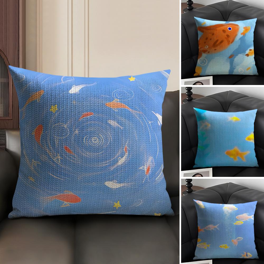Goldfish Cute Cushion Cover Natural Linen Organic Fabric Double-Sided Printing Sofa Home Decor Gift Pillow Case