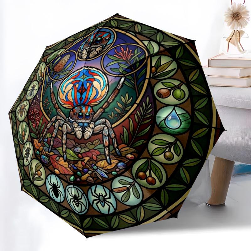 Spider Glass Mandala pattern umbrella, portable and foldable design, 8 ribs, a casual accessory for Halloween, Christmas, and birthday gifts.