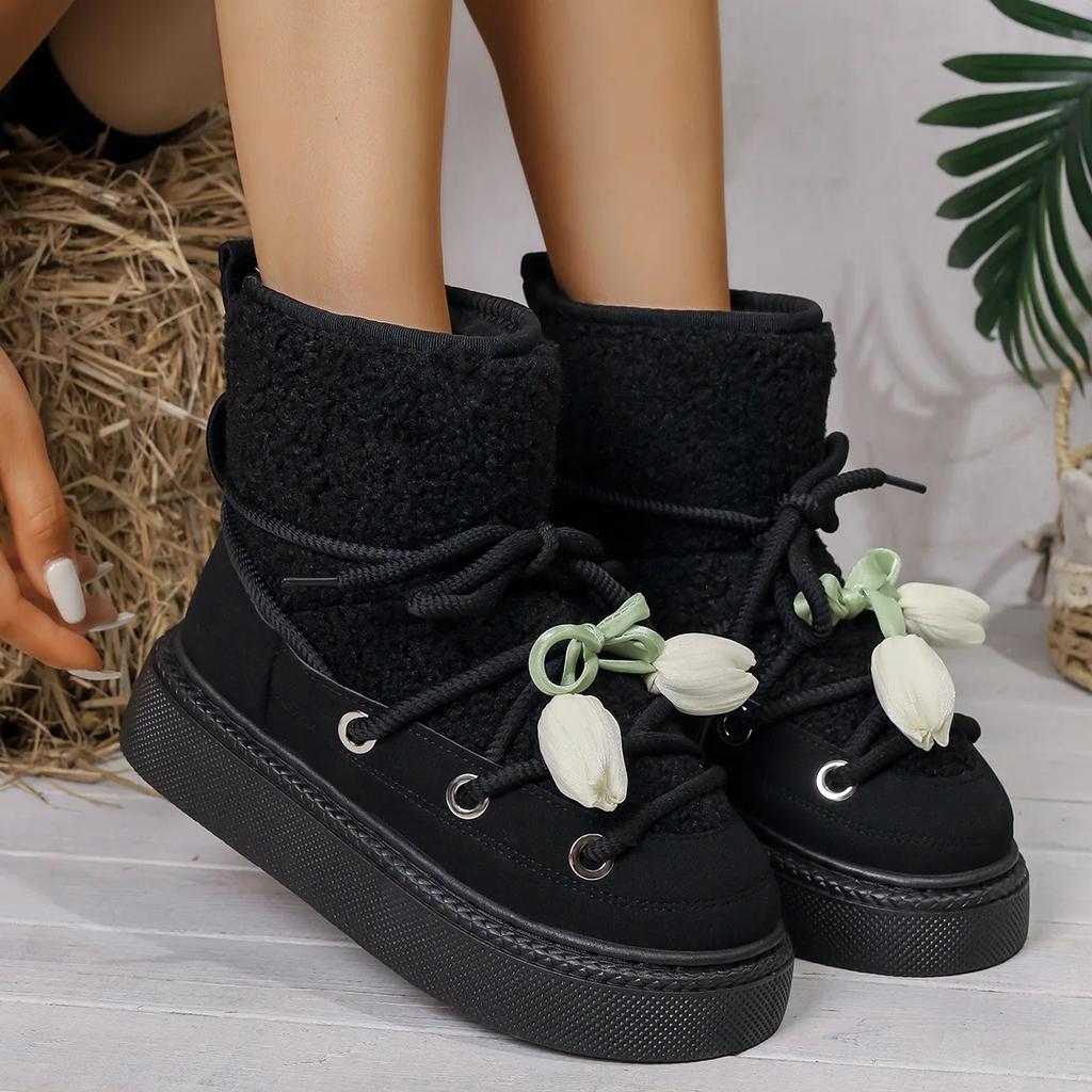 Fashion Winter Snow Boots Women's Warm Padded Fluffy Cotton Booties Ankle High Cross Strap Leisure Platform Non-slip Women's Boots