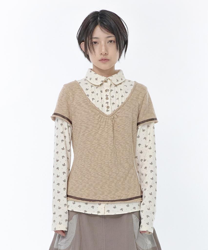 HUG YOUR SKIN Flower Shirt Layered Top (Beige)