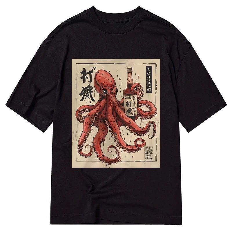 Vintage Retro Pure Cotton T-Shirt Casual Loose Osaka Octopus Classic T-Shirts Man Clothes Men's Holiday Japanese