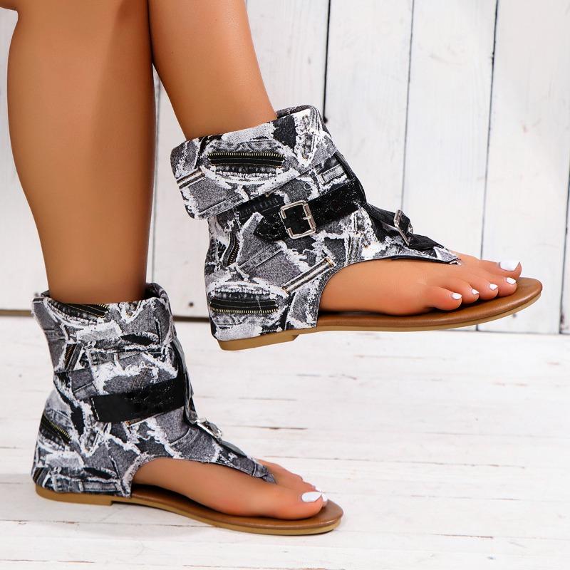 Fashion Women Sandals Summer Clip Toe Roman Sandals Denim Belt Buckle New High Top Herringbone Flat Boots Women Dressy Casual Sandals