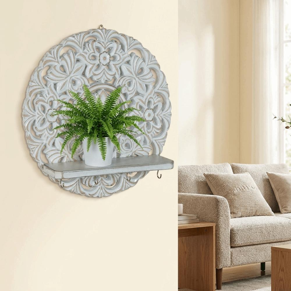 Bohemian Style Round Carved Rack Decorative Space Saving Wall Storage Rack Wall Mounted with Hooks Plant Display Rack