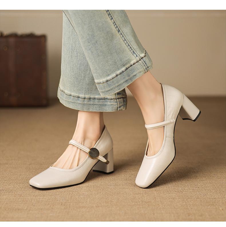 Sheepskin Simple Commuter Professional High Heels Square Head Strap Single Shoe 6.5CM