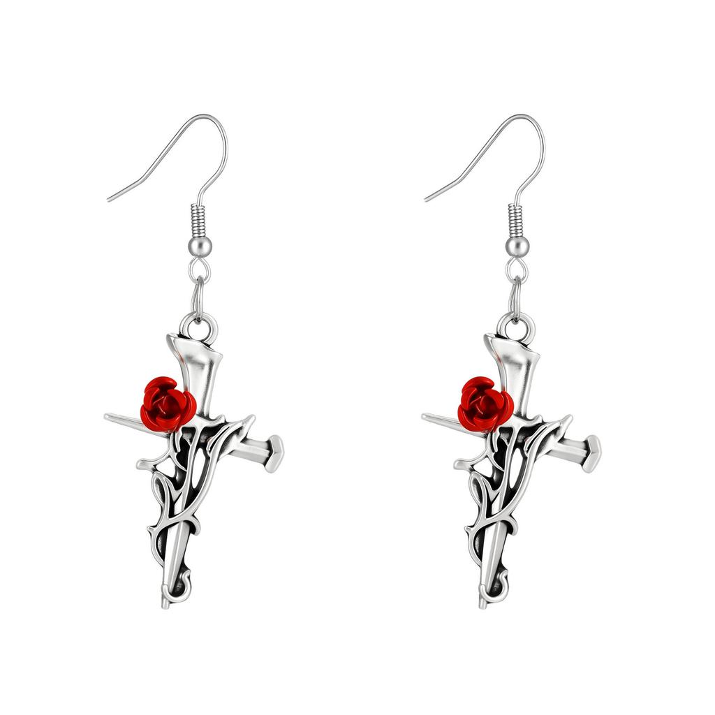 Dark Gothic Earrings, Cross Rose Snake Fishbone Earrings Alloy Earrings