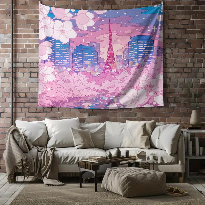 Japanese Anime Tapestry Wall Hanging Aesthetic Room Decor Sakura Blossom Landscape Scenic Wall Art Bedroom Dorm Decor