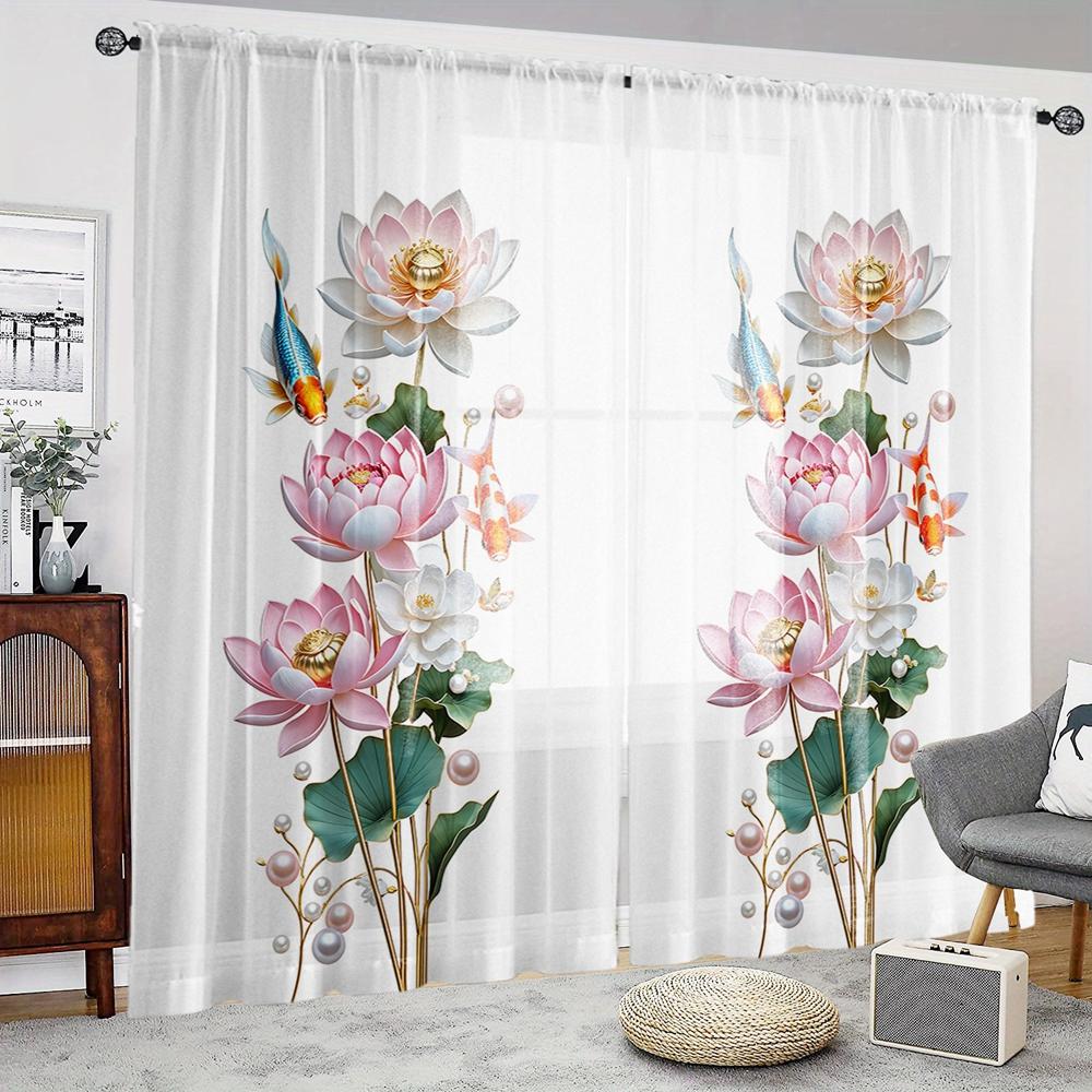 2 Pieces HD Digital Pink Carp Lotus Pond Printed Window Valance Home Decorating Style Decorative Living Room Bedroom Rodding Cur