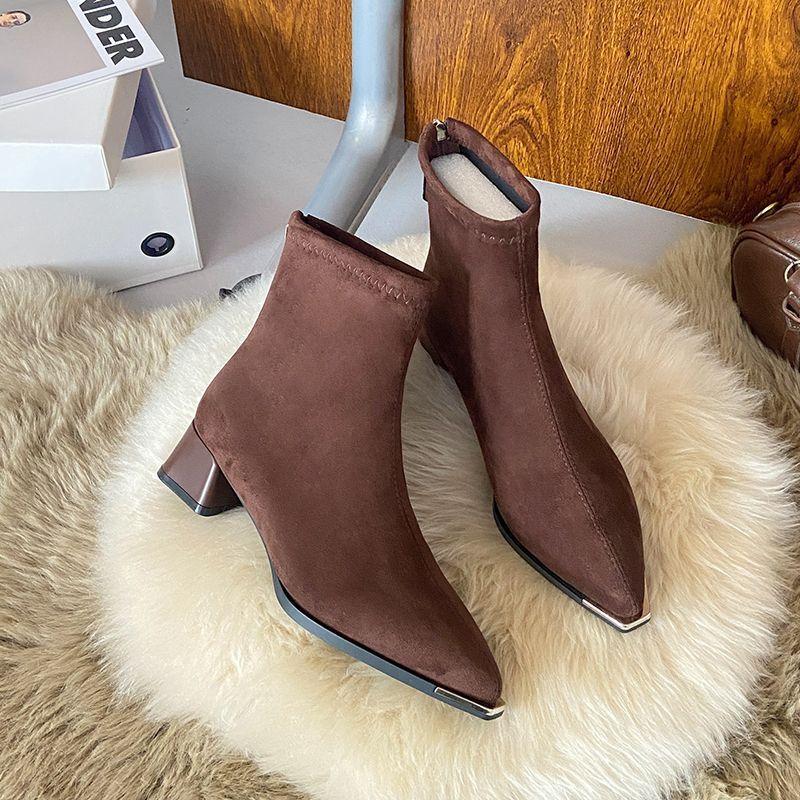 Coarse Heel Pointed Short Boots Women's 2025 Autumn New Fashion Versatile Thin Boots Elastic Suede High Heel Martin Boots
