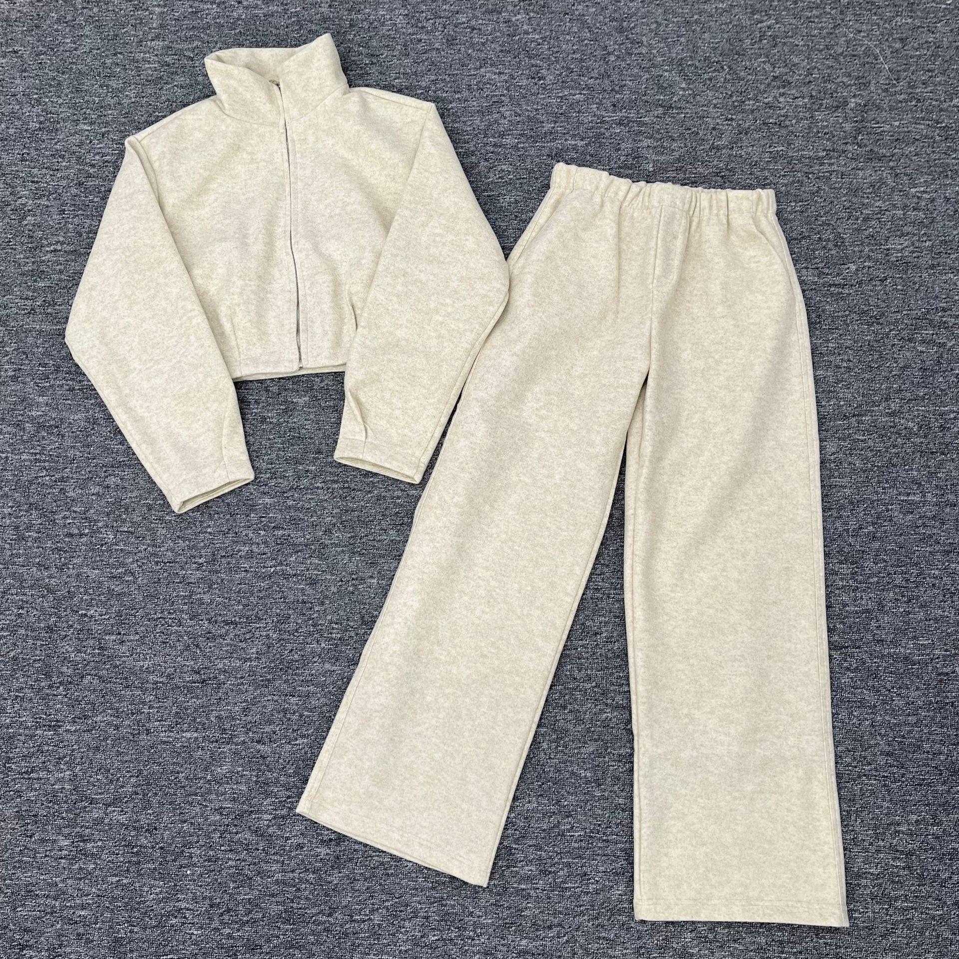 

2024 Autumn/Winter Women s Elegant Stand Collar Jacket and High-Waist Pants Set M грязно-белый