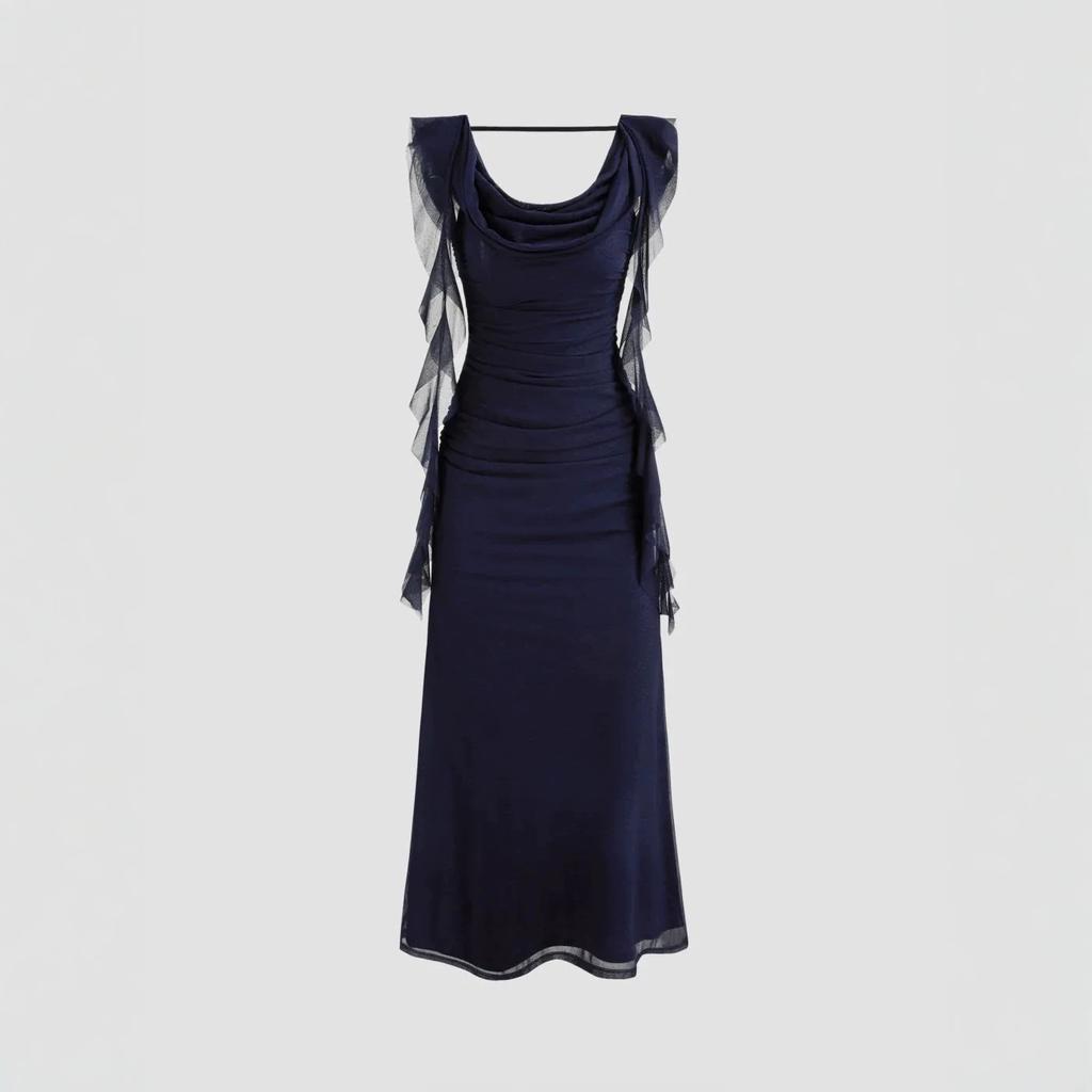 Women's Clothing Summer High-end Mesh Exquisite Dress, Swinging Collar Backless Streamer Design, Slim and Thin Temperament Long Dress
