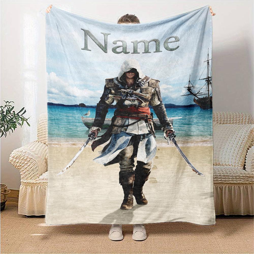 Koc z nadrukiem w stylu Assassin's Creed z imieniem na zamówienie Idealny na kanapę, łóżko, podróże, do użytku na zewnątrz Można prać w pralce Przytulny Trwały