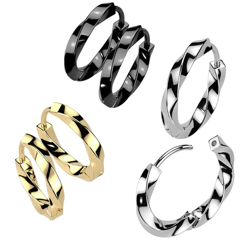hoop earrings surgical stainless steel twisted hoop Inner diameter 8mm black ring earrings for both ears 1 pair set of 2 men's ladies
