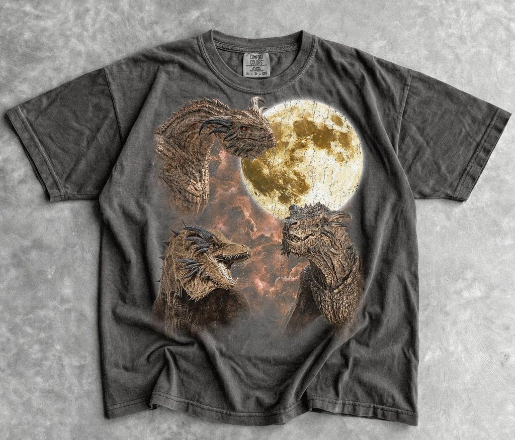 Three Dragons Shirt, Full Moon Fantasy Tee, Mythical Creature T-Shirt, Dragon Lover Gift