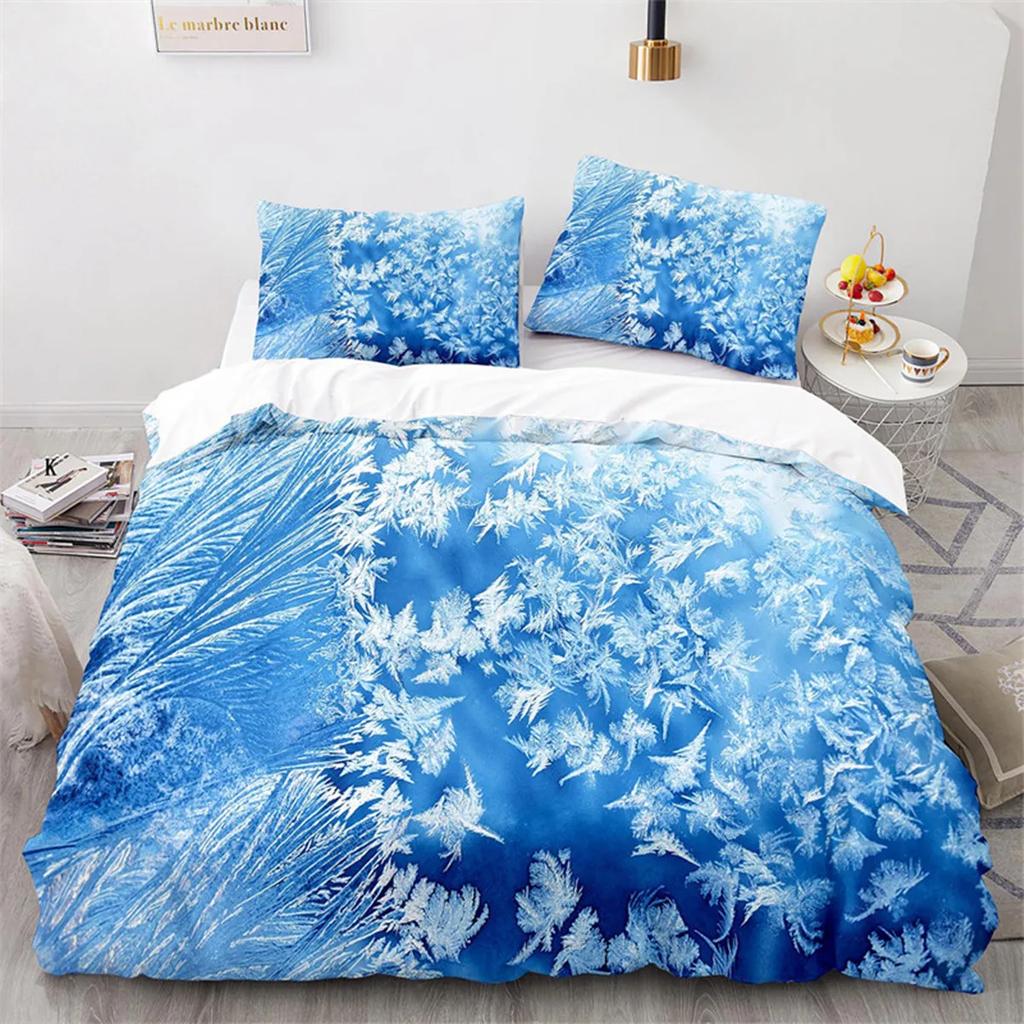 Snowflake Duvet Cover Winter Theme Geometric Pattern Microfiber Blue Floral Quilt Cover for Girl Children Christmas Decorations