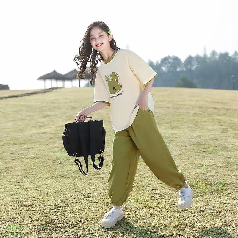 Summer Child Set Clothes Girls Tracksuit Letter T Shirt + Green Sport Ankle-tied Pants Kid Teenager