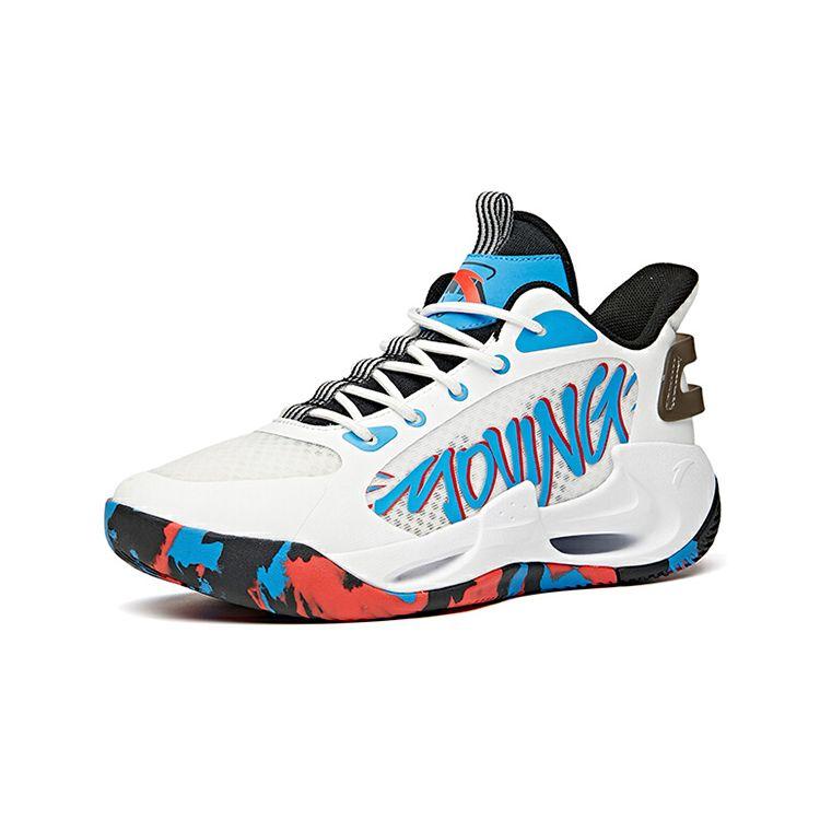 Anta Basketball Series Shock Absorption Non-Slip Wear-Resistant Mid-Top Performance Basketball Shoes Kids Sneakers White Black Blue 312121110-1