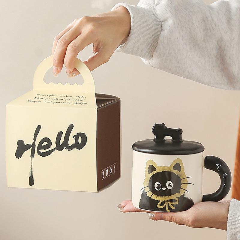 Cute Cat Mug with Lid Couple Ceramic Water Cup for Home Girls High Value Gift Box Cup Office Coffee Cup