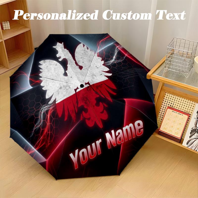 8 Rib Auto Folding Umbrella Poland Football Print Custom Name Text Portable Rain Gear