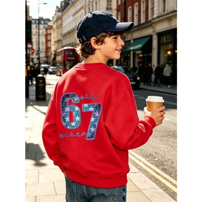 Unisex Kids Sweatshirt, Back Print Star Gradient Number 67 Six Seven Long Sleeve Pullover, Boys Girls Casual Sweatshirt For Kids Over 4 Years Old