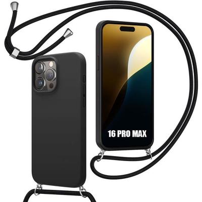 Case for iPhone 16 Pro Max - Shockproof Protection - Black Lanyard - Flexible - TPU Silicone - Unisex