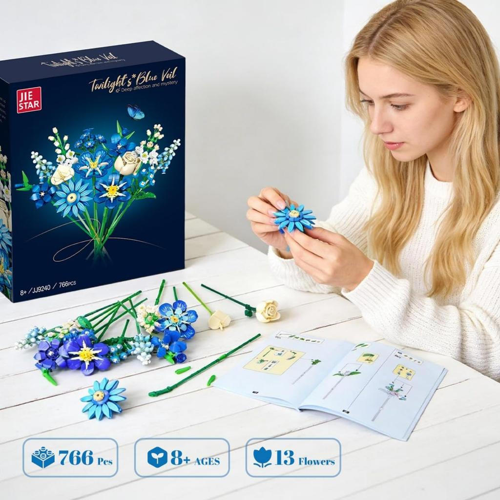 Blue Tulip Micro-Particle Flower Bouquet Building Set for Adults, 766 Pcs DIY Floral Kit for Home Office Decor, Perfect Mother's Day, Valentine's