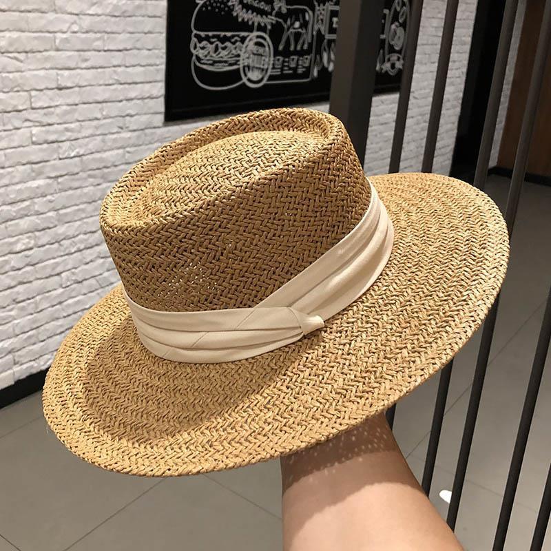 French Style Straw Boater Hat for Women, Wide Brim Sun Cap for Spring Summer Beach, British Retro Flat Top