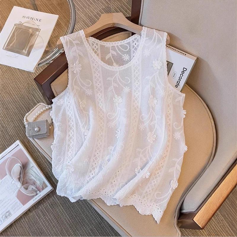 

Summer Basic Vest T-Shirt Women Knitting Lace Sleeveless Hollow Style Tops Loose One size белый
