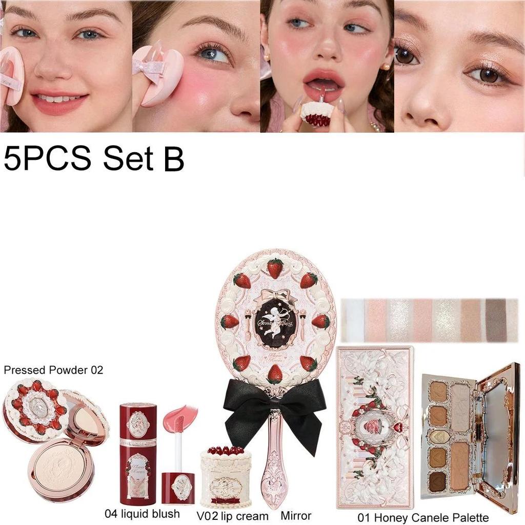 Flower Knows Erdbeer-Cupid Samtige Matte Lippencreme Gepresstes Puder Flüssiges Rouge Set Langanhaltendes Leichtes Make-up