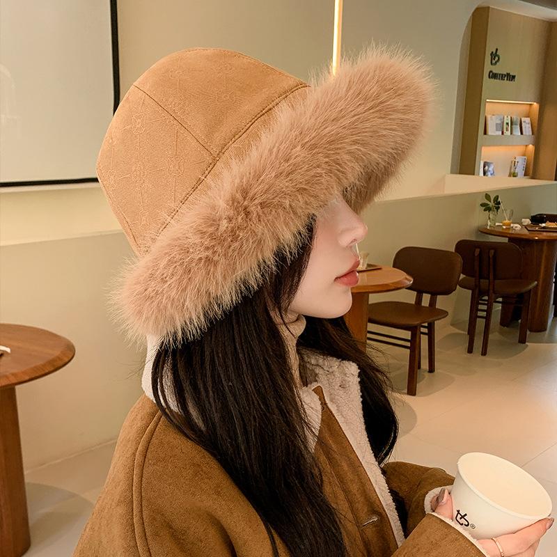 Women Fur Trimmed Bucket Hat Girls 90s Winter Warm Thicken Plush Fisherman Cap Basin Hats Fuzzy Faux Fur Hat
