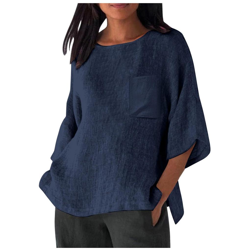 Women's Casual Loose-Fit Linen 3/4 Sleeve Top