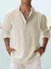 Men's Summer Casual Loose-Fit Stand-Up Collar Solid Color Long-Sleeve Cotton Shirt, Plus Size Available
