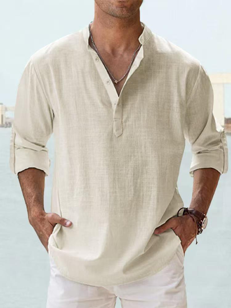 Men's Summer Casual Loose-Fit Stand-Up Collar Solid Color Long-Sleeve Cotton Shirt, Plus Size Available