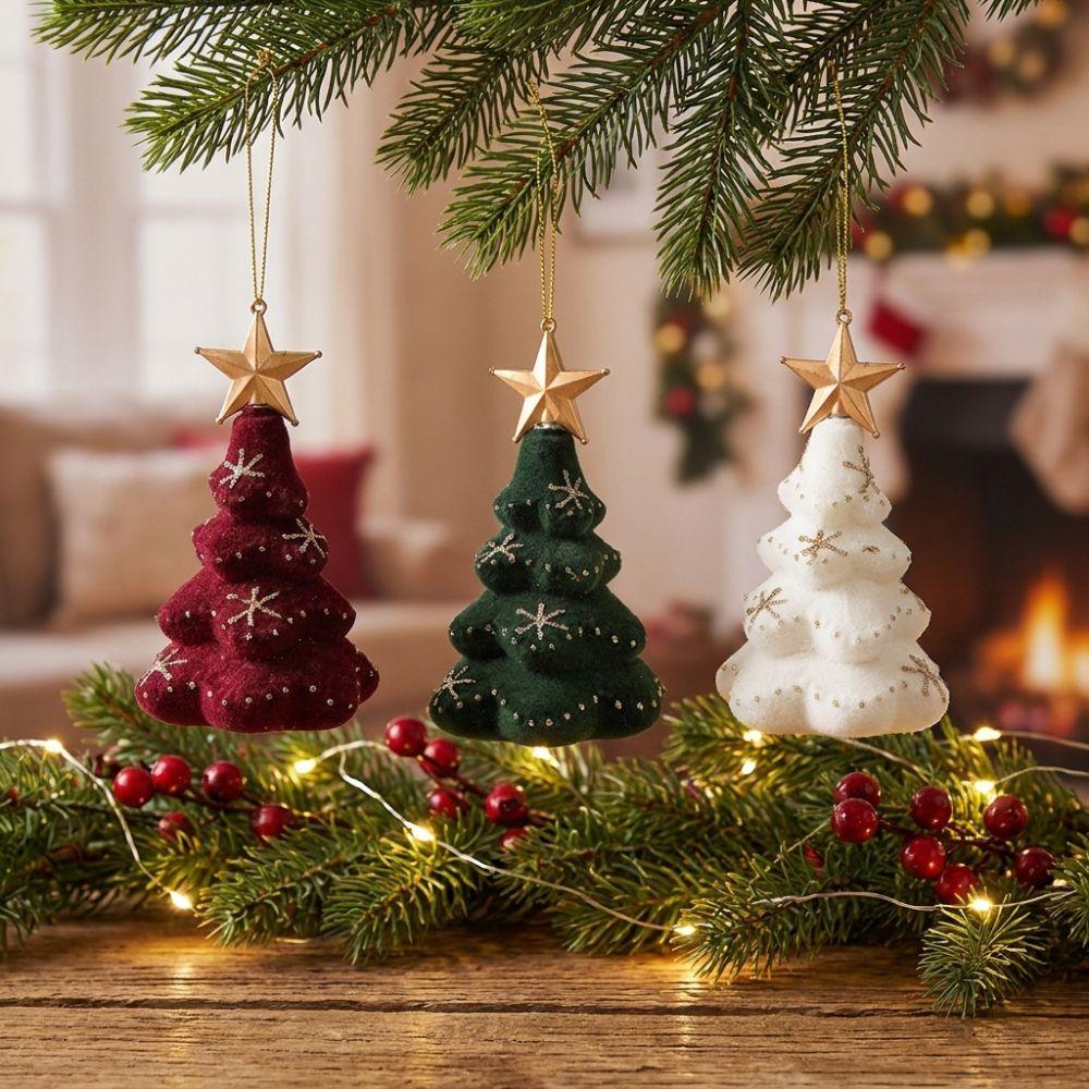 Glitter Flocked Christmas Tree Ornament Velvety Mini Christmas Tree Hanging Decor Seasonal Use