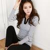 Women's Striped V-Neck Long-Sleeve T-Shirt, Plus Size, Autumn/Spring, Korean Style, Slimming & Versatile Design