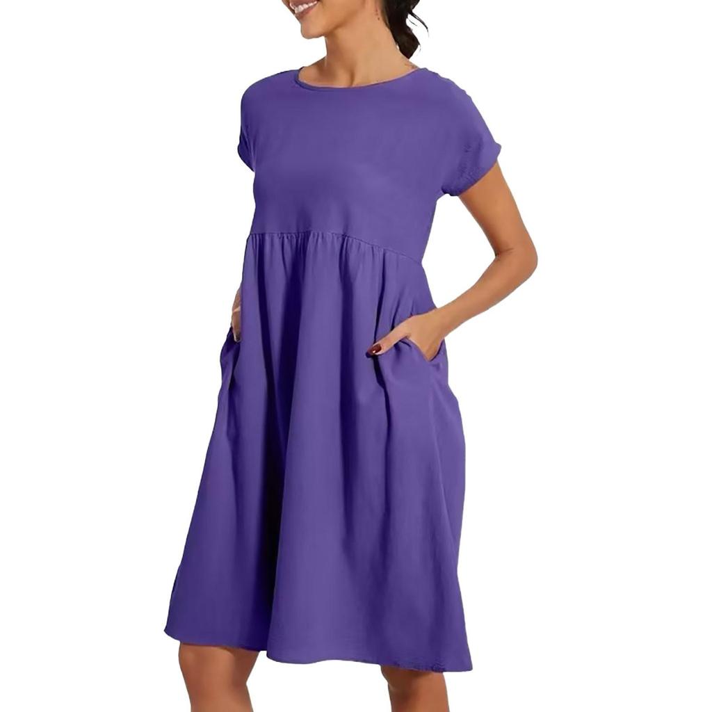 Vestido Casual de Algodón y Lino de Color Sólido para Mujer, Manga Corta, Cuello Redondo, con Bolsillos