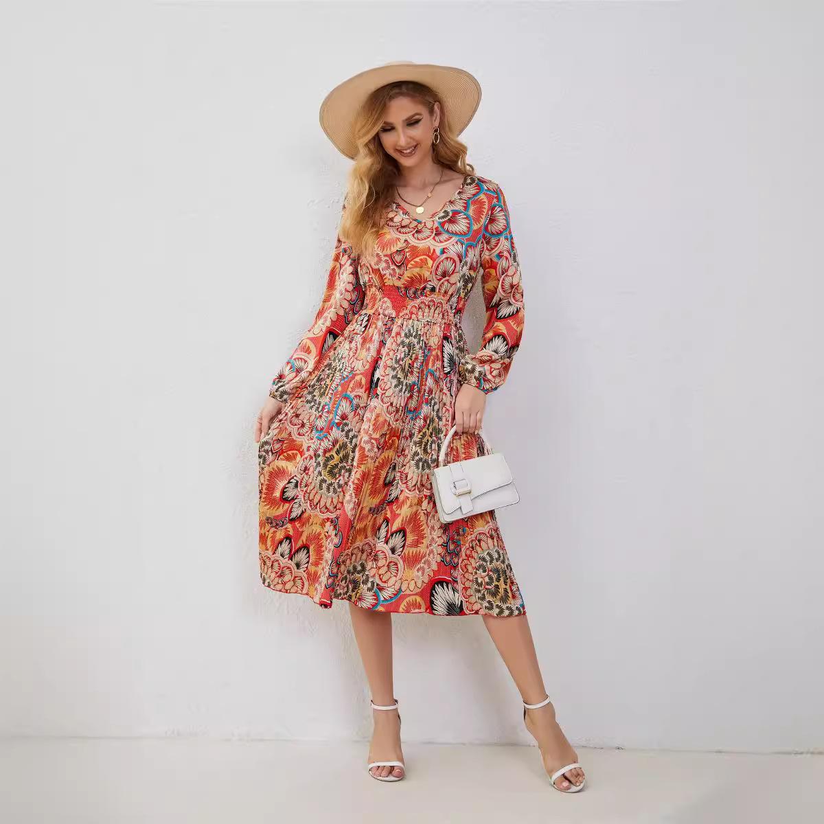 

Женское длинное платье Плиссированные платья с V-образным вырезом и длинными рукавами на талии XL разноцветный