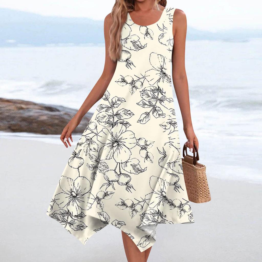 Lässiges, modisches Damen-Midikleid mit Rundhalsausschnitt, ärmellos, Blumendruck, unregelmäßiger Saum