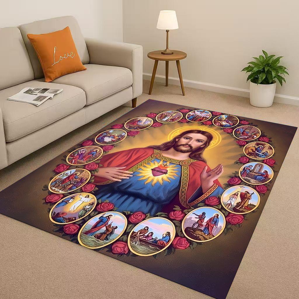 Retro Jesus Virgin Mary Art Living Room Non Slip Area Rug Soft Carpet for Bedroom Playroom Sofa,Easy Clean Home Decor Doormat