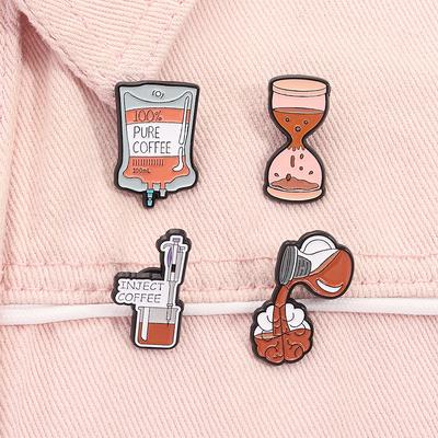Inject Coffee Enamel Pin Medical Syringe Infusion Bags Pure Coffee Brooches Lapel Badge Jewelry Gift For Coffee Lover Friends