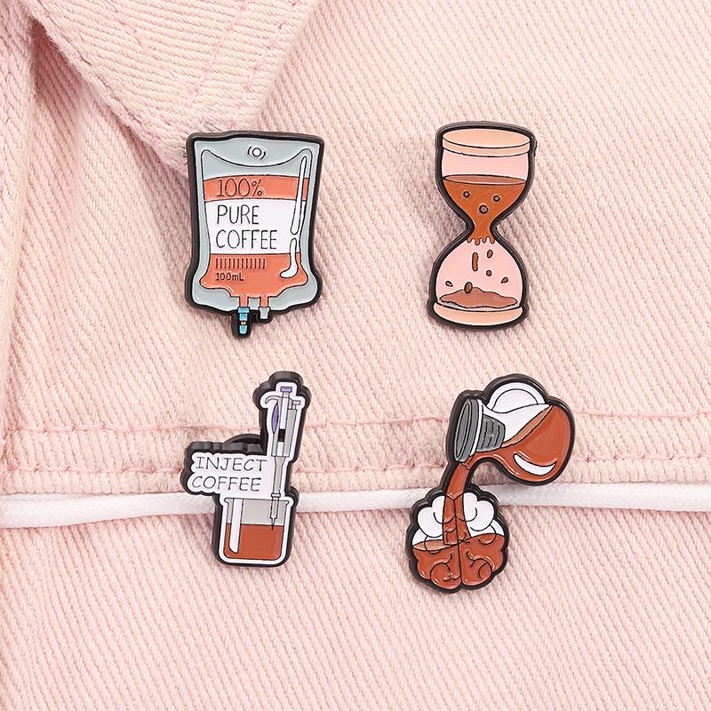 Inject Coffee Enamel Pin Medical Syringe Infusion Bags Pure Coffee Brooches Lapel Badge Jewelry Gift For Coffee Lover Friends