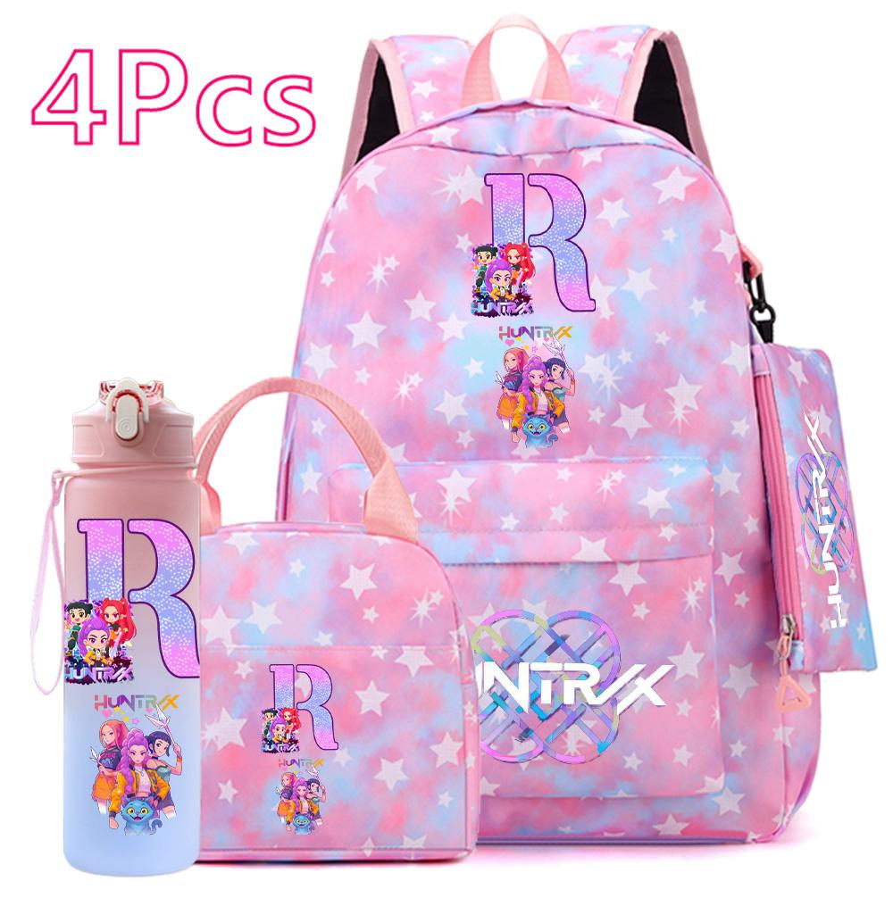 4 Pezzi/set Zaino Stampato con Lettere Inglesi Borsa Grande per Libri Borsa a Mano Custodia borsa con Portabottiglie Acqua da 750ml Zaino Scolastico Ragazzo Ragazza