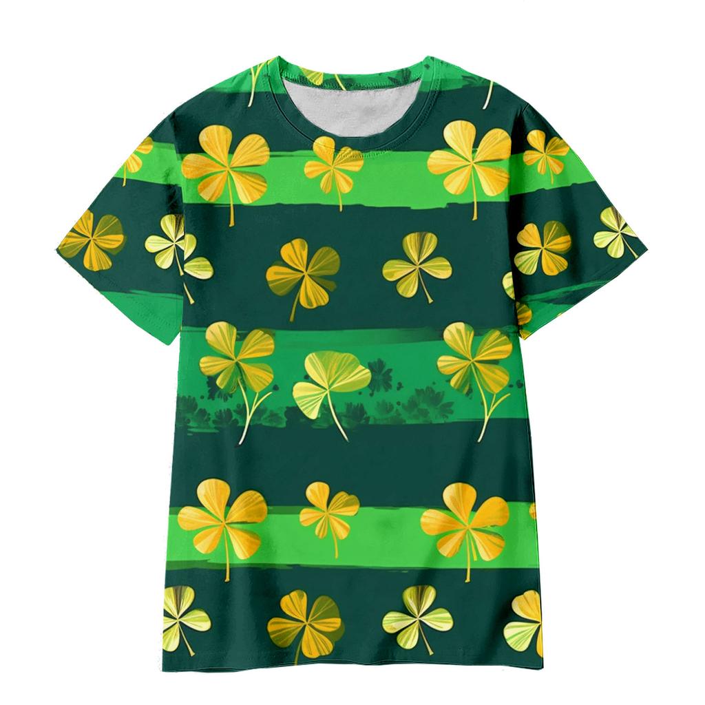 Summer Round Neck 3D Green Magic Hat with Clover Print Top Fashionable Casual Short Sleeved Children's Boy and Girl T-shirts