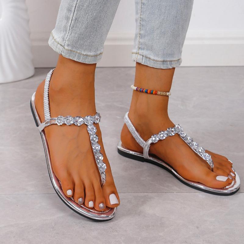 Summer New Round Head Shallow Mouth Rhinestones Soft Sole Anti-slip Wear-resistant Roman Sandals Women Pinch Toe Flat Shoes