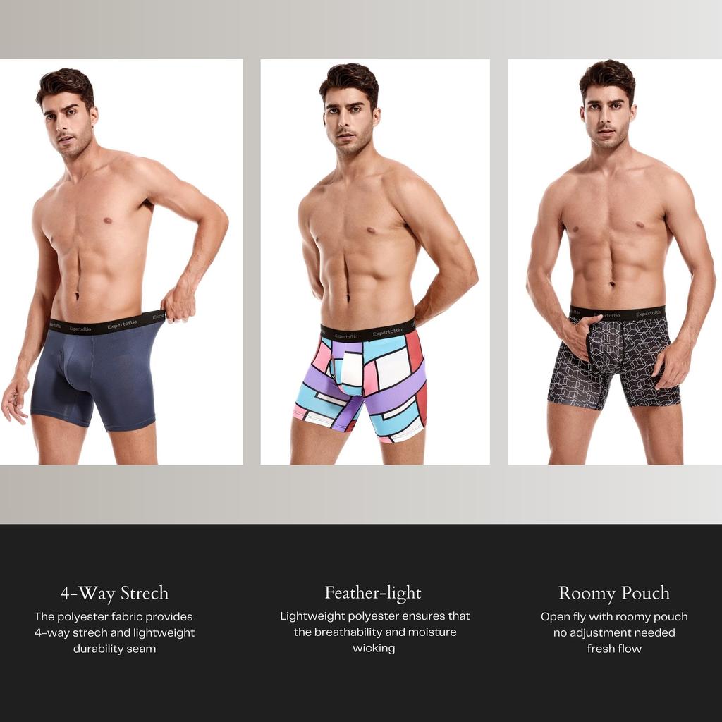 [Expertoftio] Men's Long Boxer Briefs, 6-Pack, 6-Inch Open Front, Soft Fit, Moisture-Wicking, Plus Sizes Available