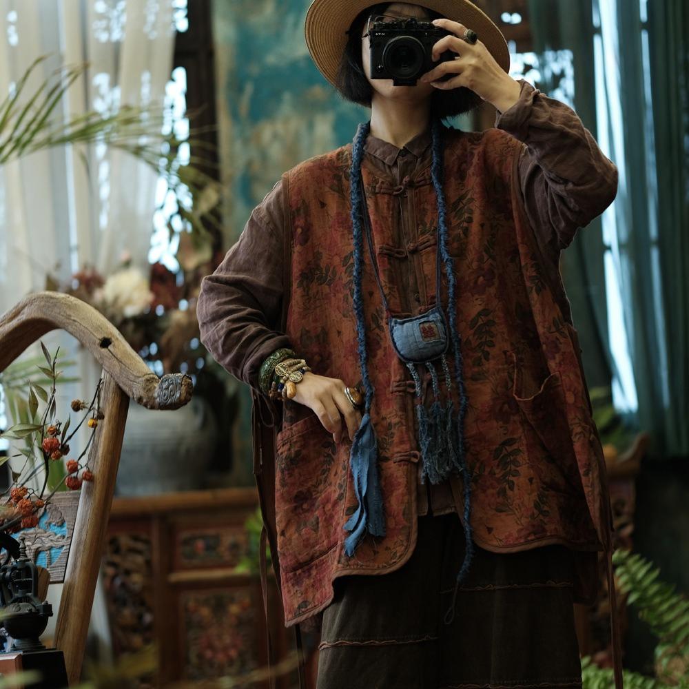 Johnature Women Vintage Print Floral Vests Coats Button Sleeveless V-Neck Autumn Chinese Style Pockets Vests
