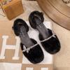 Rhinestone Fuzzy Mary Janes - Women's Autumn/Winter 2025 Chunky Heel Closed-Toe Sandals