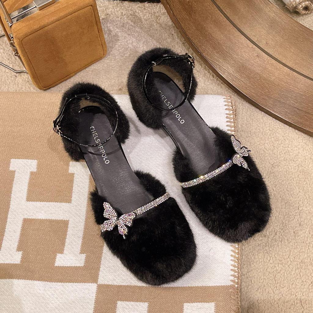 Rhinestone Fuzzy Mary Janes - Women's Autumn/Winter 2025 Chunky Heel Closed-Toe Sandals