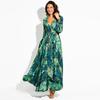 2025 European & American Women's V-Neck Long Dress - Red Leaf Print with Lantern Sleeves